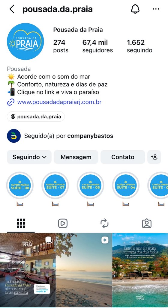 Perfil da Pousada da Praia no Instagram, gerenciado pela Company Bastos