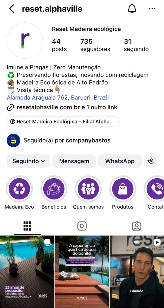 Perfil da Reset Alphaville no Instagram, gerenciado pela Company Bastos